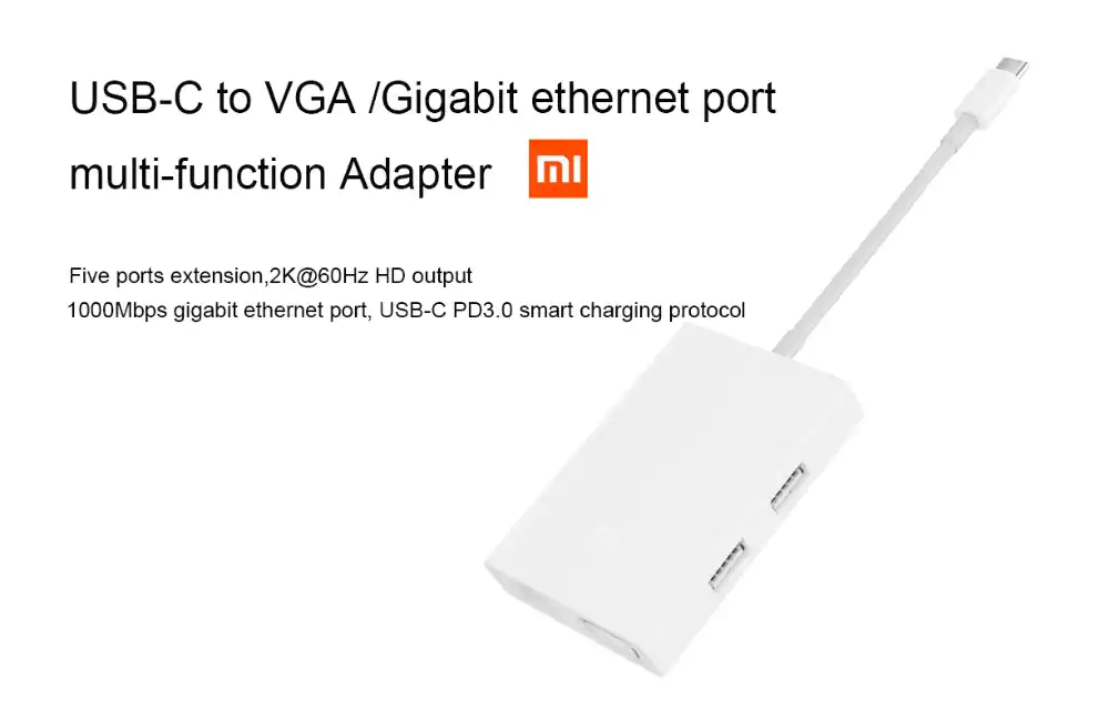 Original Xiaomi Type-C to 2K 60Hz VGA Adapter Gigabit Ethernet Port 2 USB 3.0 Multi-functional Hub- White