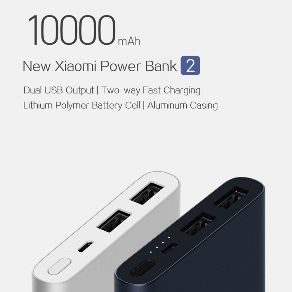 New Xiaomi Power Bank 2 10000mAh Dual USB Ports Two-way Quick Charge - Silver